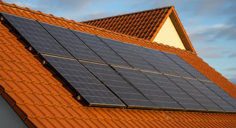 Close-up of photovoltaic solar panels installed on a traditional German Satteldach (gabled roof), blue sky with some clouds