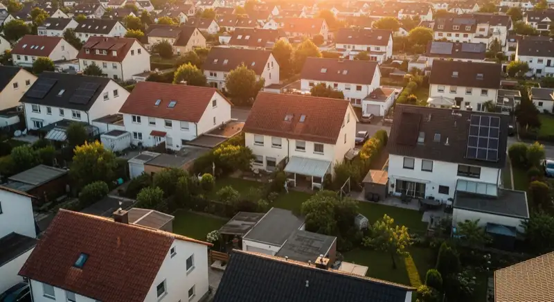 Aerial drone view of typical German residential neighborhood with mixed roof types, red and dark roof tiles, gardens visible, sunny day