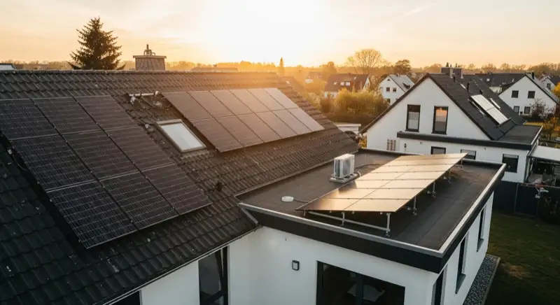 Einfamilienhausdach in Buchholz in der Nordheide mit PV-Anlage und freier Außenfläche für eine Wärmepumpe