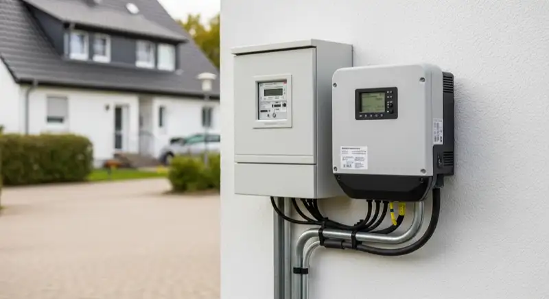 Modern German electrical meter cabinet (Zählerschrank) with smart meter and solar inverter connection, clean technical installation