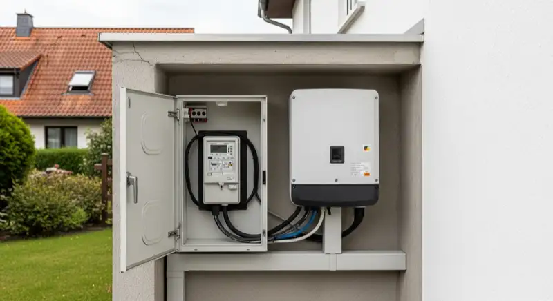 Modern German electrical meter cabinet (Zählerschrank) with smart meter and solar inverter connection, clean technical installation