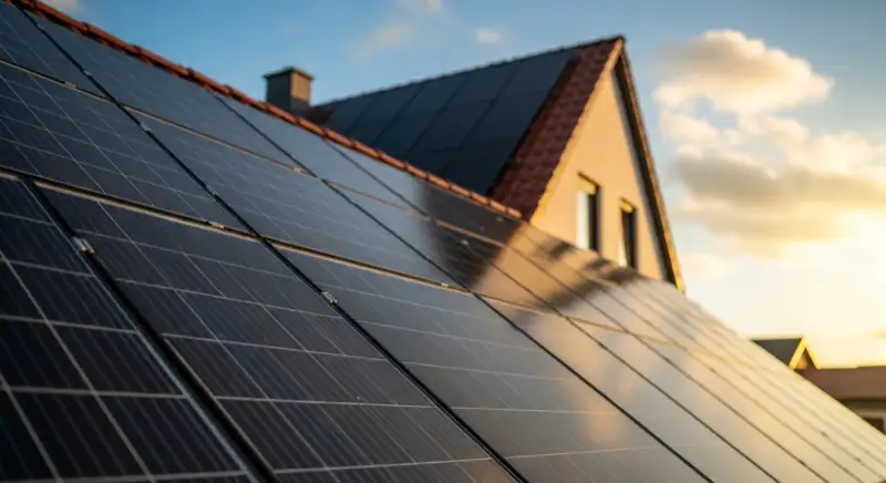 Close-up of photovoltaic solar panels installed on a traditional German Satteldach (gabled roof), blue sky with some clouds