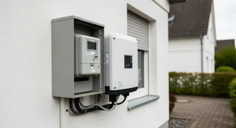 Modern German electrical meter cabinet (Zählerschrank) with smart meter and solar inverter connection, clean technical installation