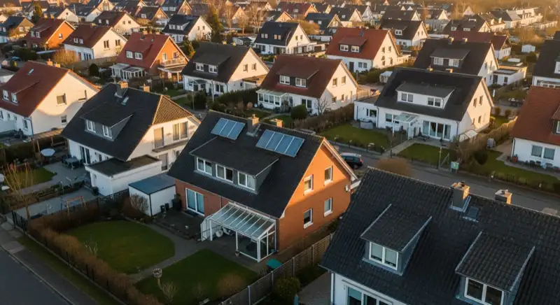 Aerial drone view of typical German residential neighborhood with mixed roof types, red and dark roof tiles, gardens visible, sunny day