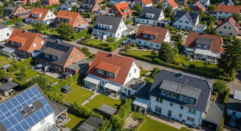 Aerial drone view of typical German residential neighborhood with mixed roof types, red and dark roof tiles, gardens visible, sunny day