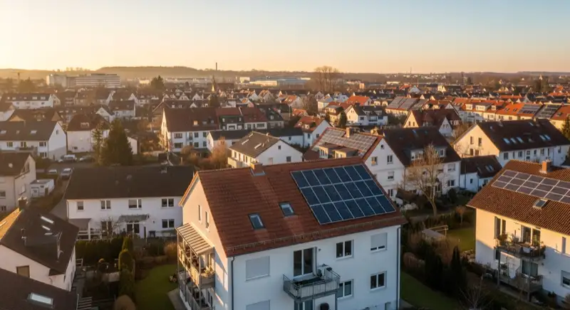 Aerial drone view of typical German residential neighborhood with mixed roof types, red and dark roof tiles, gardens visible, sunny day