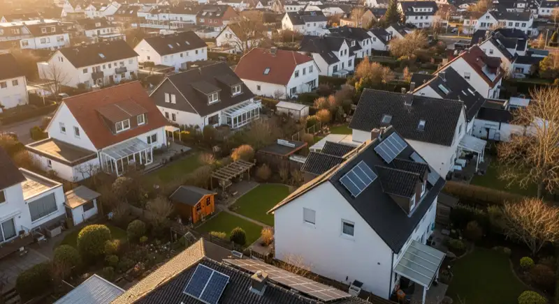 Aerial drone view of typical German residential neighborhood with mixed roof types, red and dark roof tiles, gardens visible, sunny day