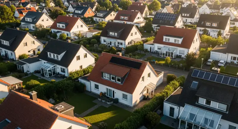 Aerial drone view of typical German residential neighborhood with mixed roof types, red and dark roof tiles, gardens visible, sunny day