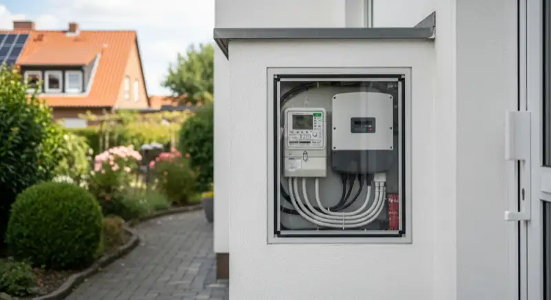 Modern German electrical meter cabinet (Zählerschrank) with smart meter and solar inverter connection, clean technical installation
