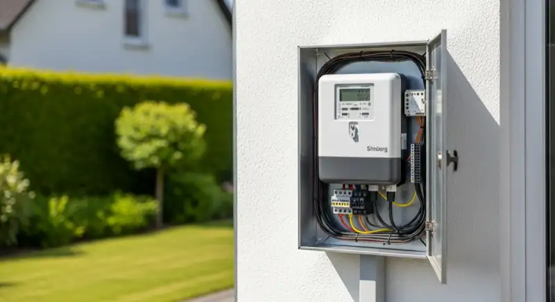 Modern German electrical meter cabinet (Zählerschrank) with smart meter and solar inverter connection, clean technical installation