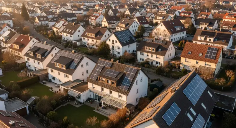 Aerial drone view of typical German residential neighborhood with mixed roof types, red and dark roof tiles, gardens visible, sunny day