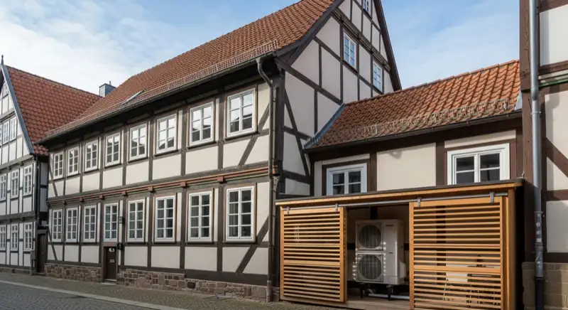 Fachwerkhaus in Celles Altstadt mit dezent installierter Wärmepumpe im rückwärtigen Bereich