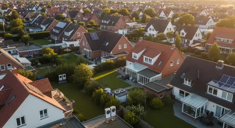 Aerial drone view of typical German residential neighborhood with mixed roof types, red and dark roof tiles, gardens visible, sunny day