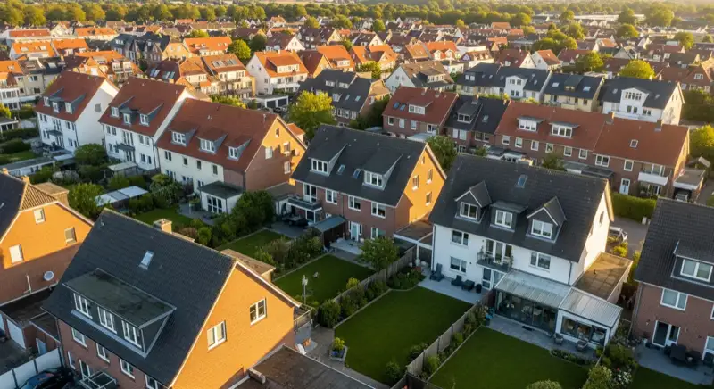 Aerial drone view of typical German residential neighborhood with mixed roof types, red and dark roof tiles, gardens visible, sunny day
