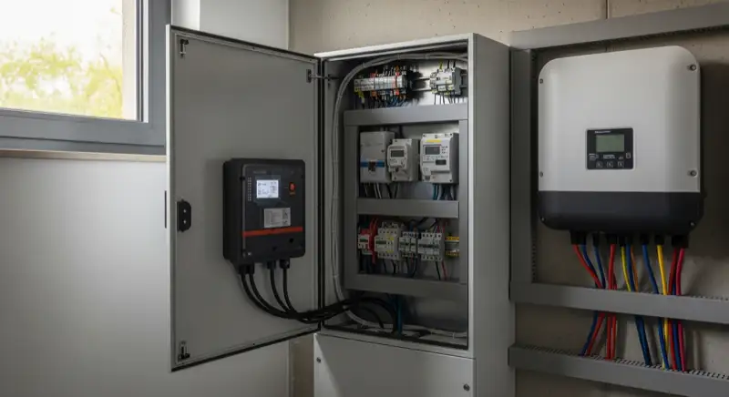 Modern German electrical meter cabinet (Zählerschrank) with smart meter and solar inverter connection, clean technical installation