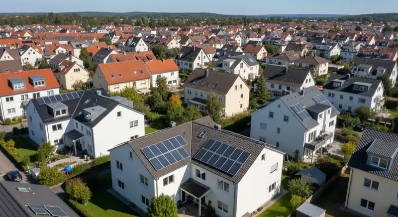 Aerial drone view of typical German residential neighborhood with mixed roof types, red and dark roof tiles, gardens visible, sunny day