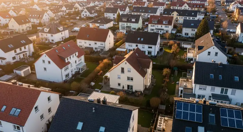 Aerial drone view of typical German residential neighborhood with mixed roof types, red and dark roof tiles, gardens visible, sunny day
