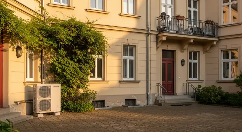 Dessauer Altbau mit dezent im Hof platzierter Wärmepumpen-Außeneinheit