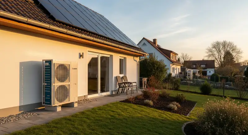 White heat pump outdoor unit beside a German detached house in Dessau-Roßlau, tidy paved base and garden