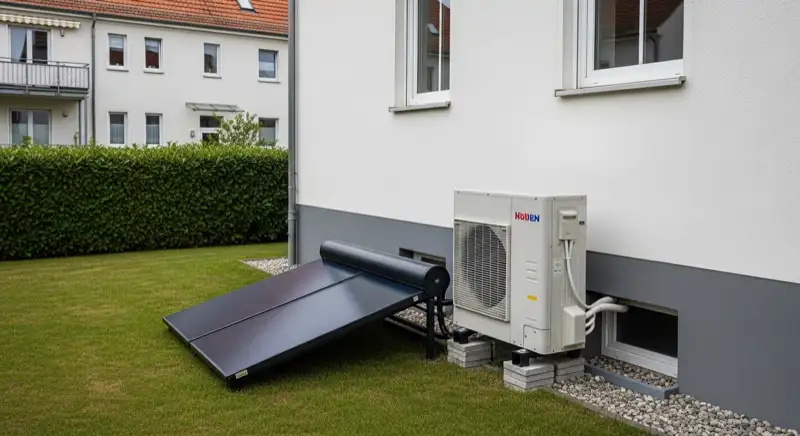 Heat pump outdoor unit beside a German residential house with clear installation space and realistic facade view