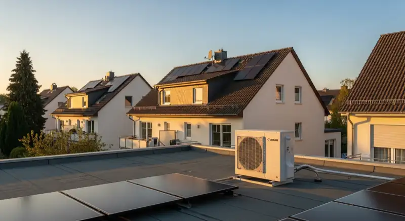 Air-source heat pump outdoor unit next to a well-maintained German house, quiet residential setting without text