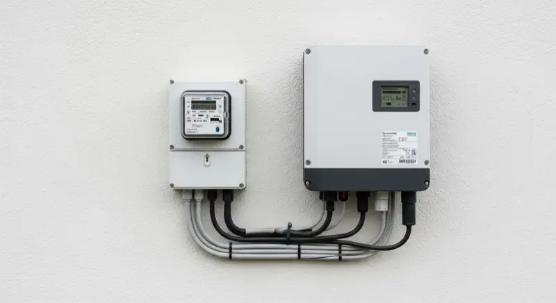 Modern German electrical meter cabinet (Zählerschrank) with smart meter and solar inverter connection, clean technical installation