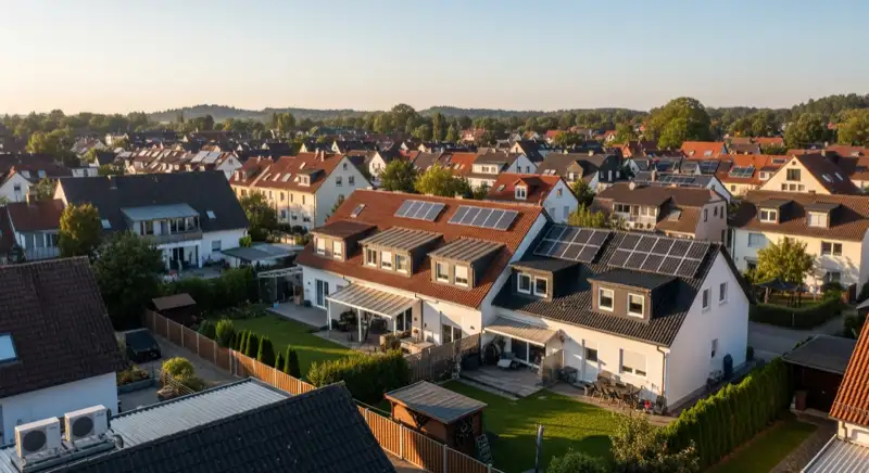 Aerial drone view of typical German residential neighborhood with mixed roof types, red and dark roof tiles, gardens visible, sunny day