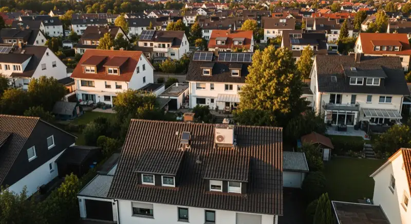 Aerial drone view of typical German residential neighborhood with mixed roof types, red and dark roof tiles, gardens visible, sunny day