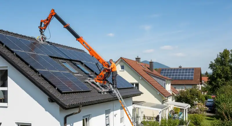 Elektriker bei der Installation einer Wärmepumpe vor einem Einfamilienhaus in Dinslaken