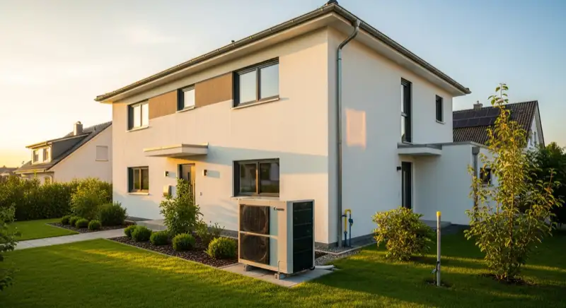 Modernes Einfamilienhaus in Dormagen mit Luftwärmepumpe im Vorgarten und Gasanschluss