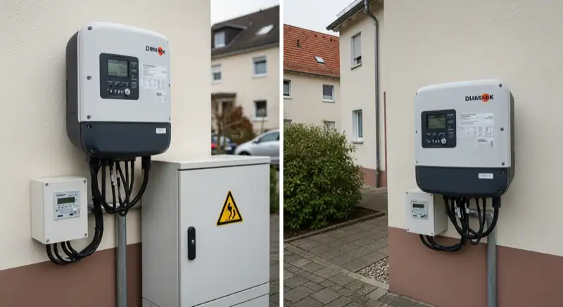 Modern German electrical meter cabinet (Zählerschrank) with smart meter and solar inverter connection, clean technical installation
