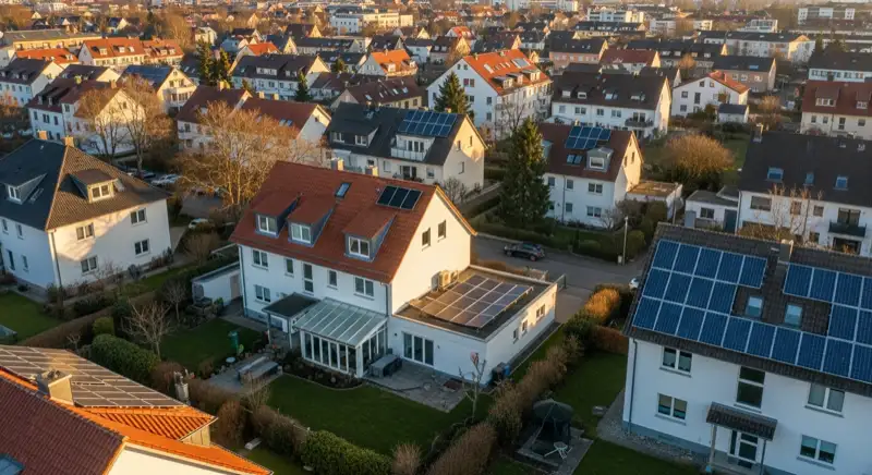 Aerial drone view of typical German residential neighborhood with mixed roof types, red and dark roof tiles, gardens visible, sunny day