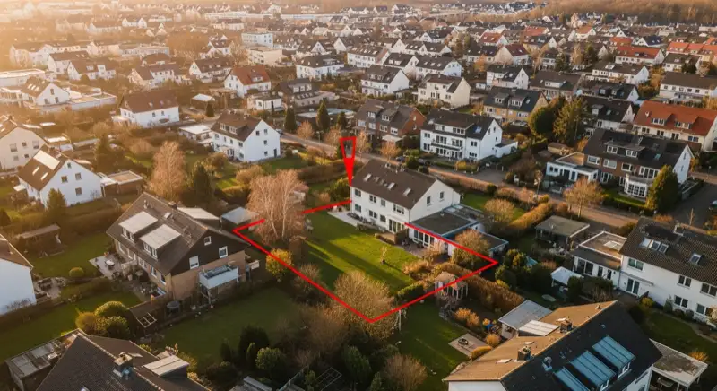 Aerial drone view of typical German residential neighborhood with mixed roof types, red and dark roof tiles, gardens visible, sunny day