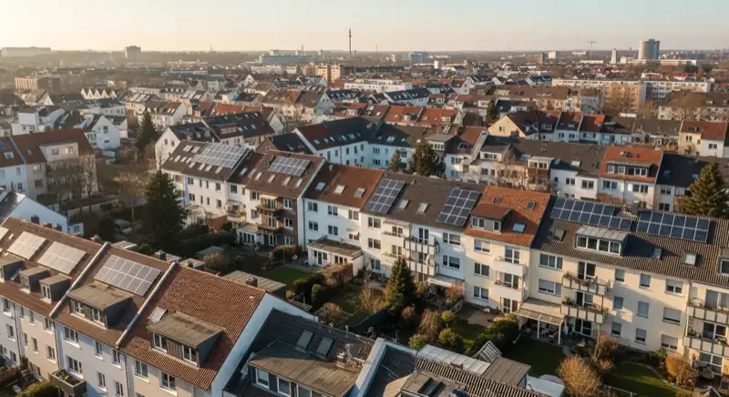 Aerial drone view of typical German residential neighborhood with mixed roof types, red and dark roof tiles, gardens visible, sunny day