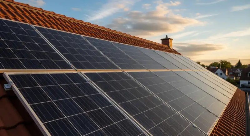 Close-up of photovoltaic solar panels installed on a traditional German Satteldach (gabled roof), blue sky with some clouds