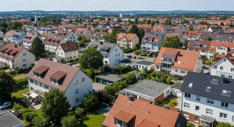 Aerial drone view of typical German residential neighborhood with mixed roof types, red and dark roof tiles, gardens visible, sunny day
