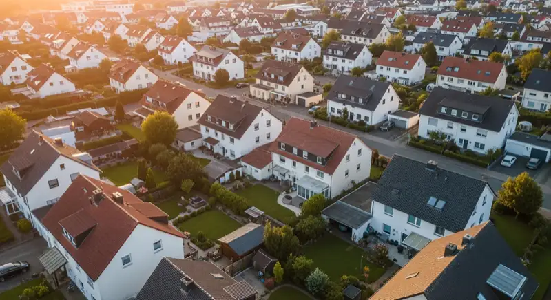 Aerial drone view of typical German residential neighborhood with mixed roof types, red and dark roof tiles, gardens visible, sunny day