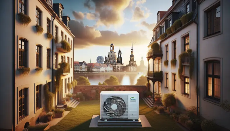 Wärmepumpe vor einem Dresdner Altbau mit Blick auf die Elbe und die Frauenkirche im Hintergrund