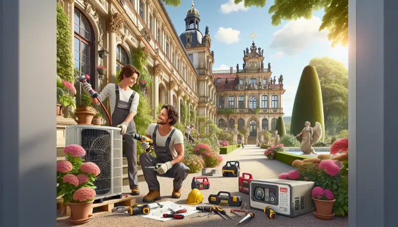 Wärmepumpe-Installation an einer Dresdner Villa im Stadtteil Loschwitz, Monteure bei der Arbeit