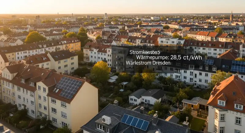 Aerial drone view of typical German residential neighborhood with mixed roof types, red and dark roof tiles, gardens visible, sunny day