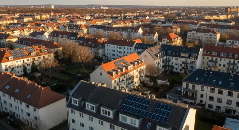 Aerial drone view of typical German residential neighborhood with mixed roof types, red and dark roof tiles, gardens visible, sunny day