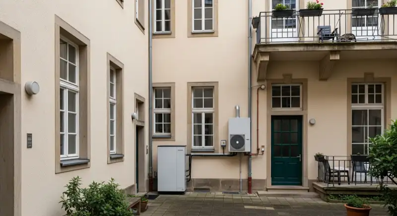 Dresdner Gründerzeithaus mit moderner Luft-Wasser-Wärmepumpe im Innenhof