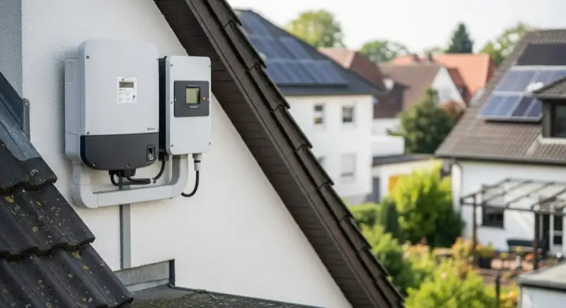 Modern German electrical meter cabinet (Zählerschrank) with smart meter and solar inverter connection, clean technical installation