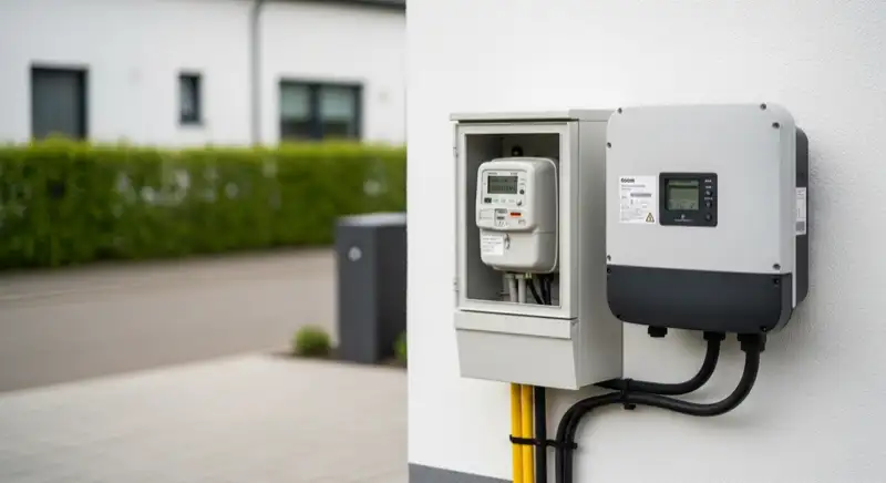 Modern German electrical meter cabinet (Zählerschrank) with smart meter and solar inverter connection, clean technical installation