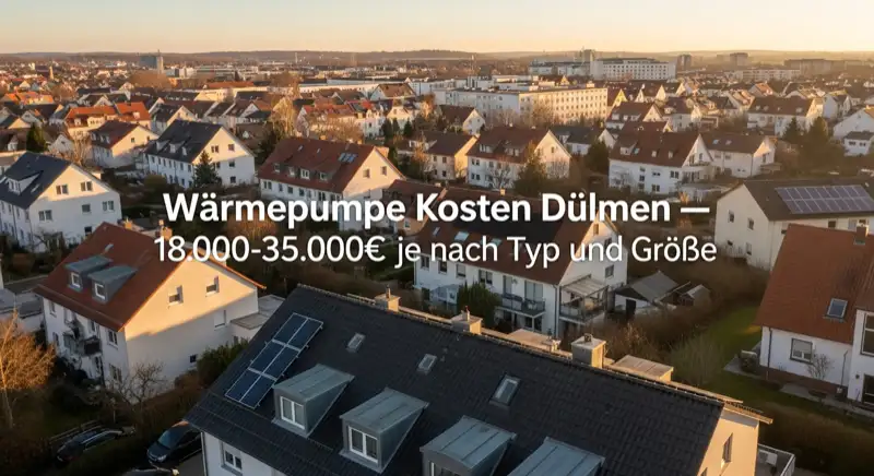 Aerial drone view of typical German residential neighborhood with mixed roof types, red and dark roof tiles, gardens visible, sunny day