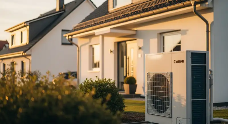 Luft-Wasser-Wärmepumpe Außeneinheit vor typischem Dülmener Einfamilienhaus mit Satteldach