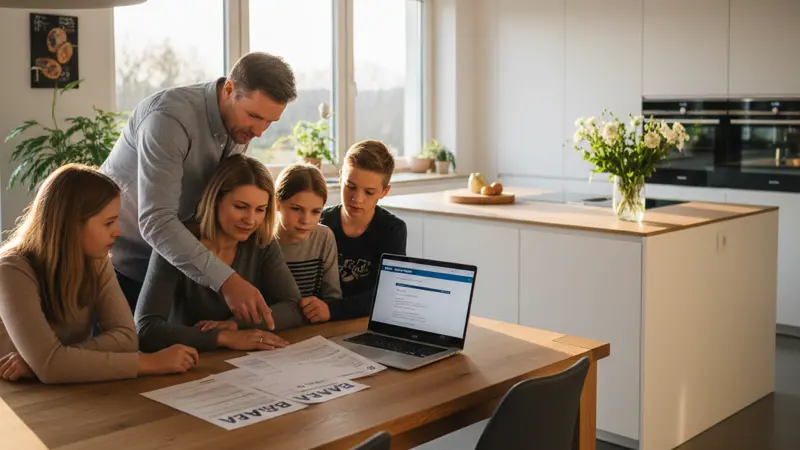 Dürener Familie prüft BAFA-Förderantrag am Küchentisch mit Laptop