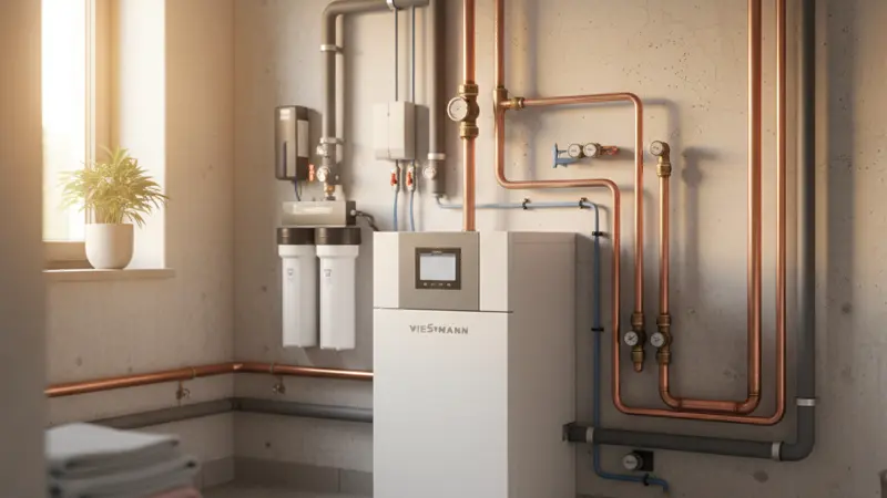 Wärmepumpen-Installation im Technikraum eines Dürener Hauses, Kupferleitungen und modernes Gerät