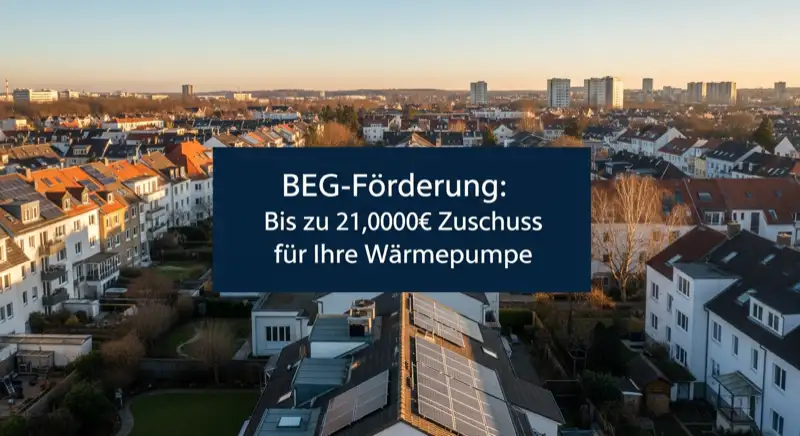 Aerial drone view of typical German residential neighborhood with mixed roof types, red and dark roof tiles, gardens visible, sunny day