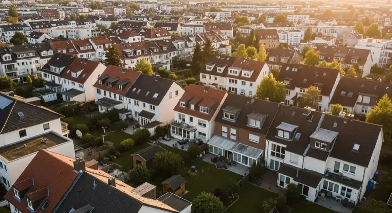 Aerial drone view of typical German residential neighborhood with mixed roof types, red and dark roof tiles, gardens visible, sunny day